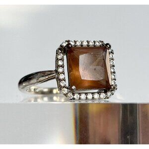 Smoky Quartz Halo Style Sterling Silver Gemstone Vintage Solitaire Ring - sz 6